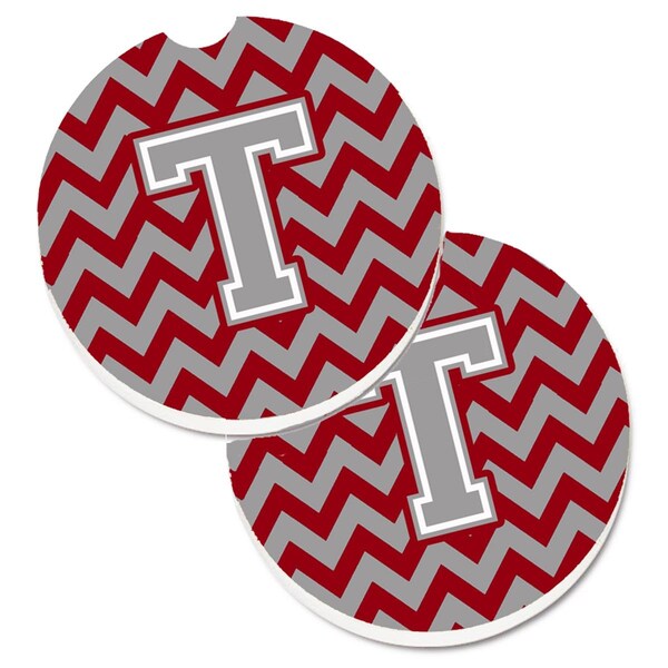 Carolines Treasures Letter T Chevron Crimson and Grey Set of 2 Cup Holder Car Coaster CJ1043-TCARC - main
